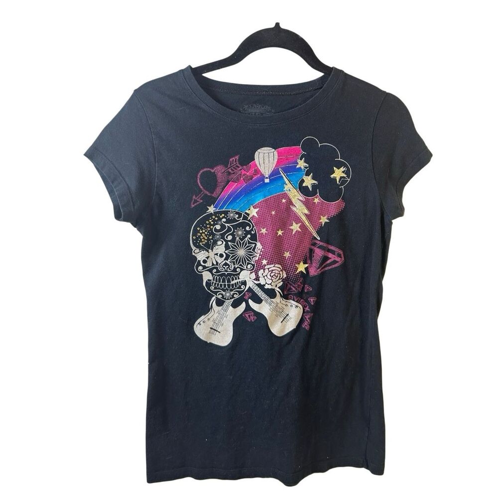 Avirex‎ black tshirt medium m guitar skull gold studs black gothic rock